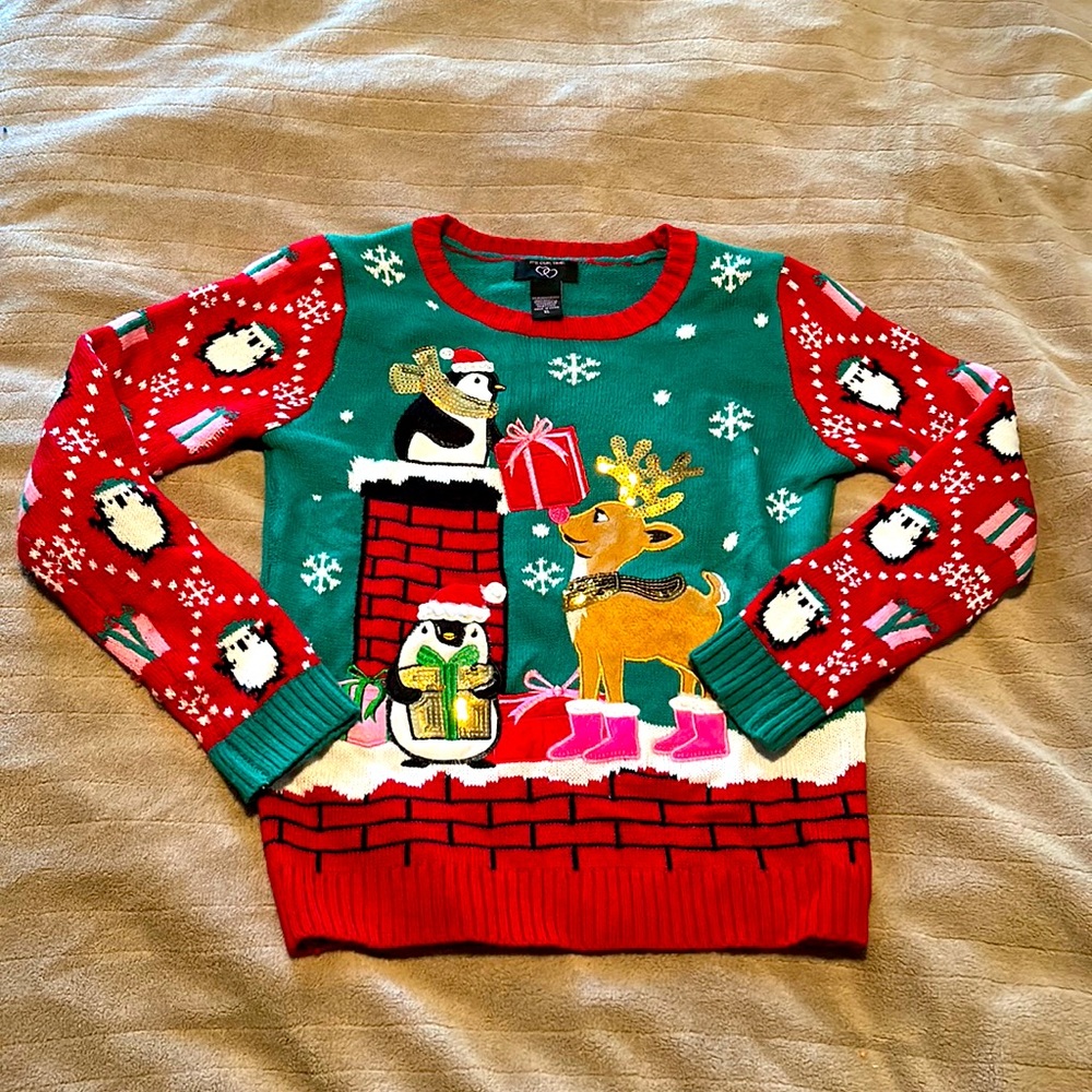 Christmas Sweater Penguin Reindeer Sparkle Girls XL